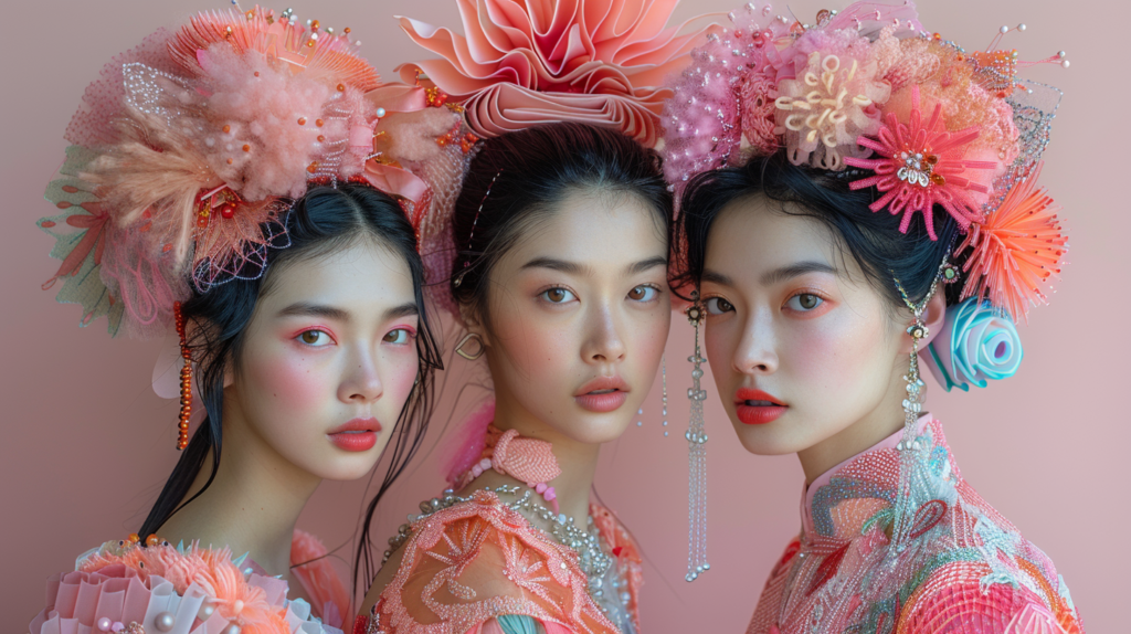 In this image, we see three young Asian women dressed in pink outfits with floral accents. Each woman is wearing a unique pink dress and has flowers adorning their hair. The women are posing elegantly, showcasing their colorful attire. One woman is wearing a necklace with beads, adding to the intricate look. The background is a soft pink, enhancing the overall aesthetic. The women have youthful and vibrant appearances, with flawless makeup and hairstyles. Their expressions are serene and confident, exuding grace and beauty.