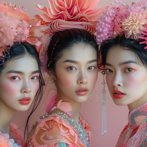 In this image, we see three young Asian women dressed in pink outfits with floral accents. Each woman is wearing a unique pink dress and has flowers adorning their hair. The women are posing elegantly, showcasing their colorful attire. One woman is wearing a necklace with beads, adding to the intricate look. The background is a soft pink, enhancing the overall aesthetic. The women have youthful and vibrant appearances, with flawless makeup and hairstyles. Their expressions are serene and confident, exuding grace and beauty.