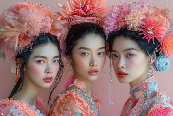 In this image, we see three young Asian women dressed in pink outfits with floral accents. Each woman is wearing a unique pink dress and has flowers adorning their hair. The women are posing elegantly, showcasing their colorful attire. One woman is wearing a necklace with beads, adding to the intricate look. The background is a soft pink, enhancing the overall aesthetic. The women have youthful and vibrant appearances, with flawless makeup and hairstyles. Their expressions are serene and confident, exuding grace and beauty.