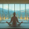A man is peacefully sitting in a yoga position in front of a window, surrounded by a serene atmosphere. The room features a cozy carpet as he focuses on his meditation practice. The image captures a moment of tranquility as the man immerses himself in his yoga routine. The window offers a view of mountains in the distance, adding to the peaceful ambiance of the scene. The man is dressed in a white shirt, creating a stark contrast against the calming colors of the room. This image evokes a sense of mindfulness and relaxation.