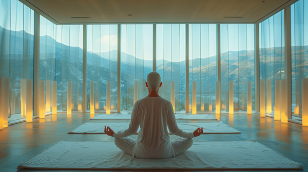 A man is peacefully sitting in a yoga position in front of a window, surrounded by a serene atmosphere. The room features a cozy carpet as he focuses on his meditation practice. The image captures a moment of tranquility as the man immerses himself in his yoga routine. The window offers a view of mountains in the distance, adding to the peaceful ambiance of the scene. The man is dressed in a white shirt, creating a stark contrast against the calming colors of the room. This image evokes a sense of mindfulness and relaxation.