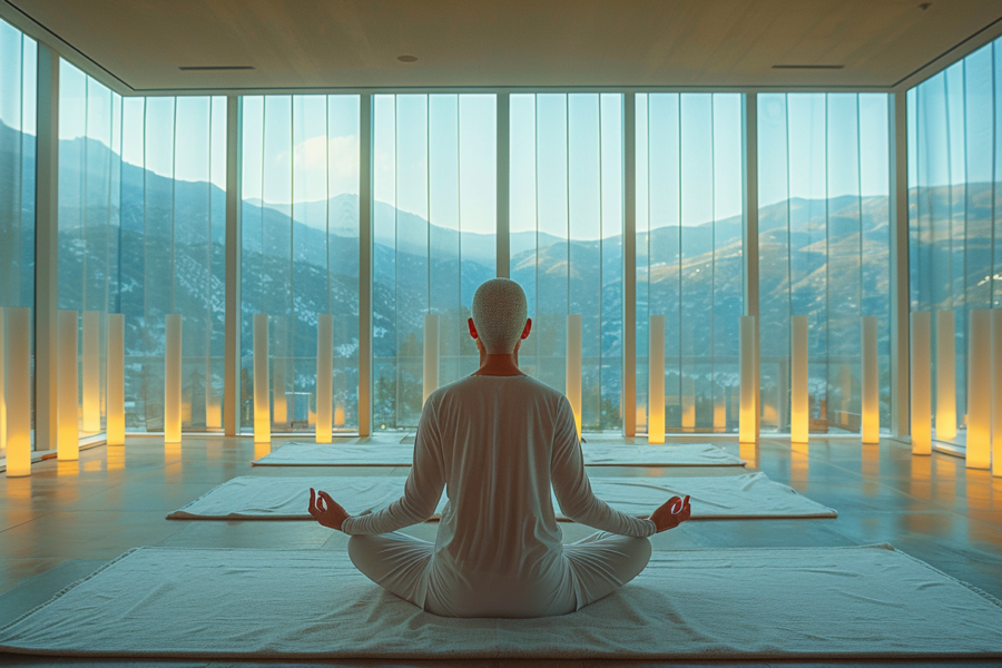 A man is peacefully sitting in a yoga position in front of a window, surrounded by a serene atmosphere. The room features a cozy carpet as he focuses on his meditation practice. The image captures a moment of tranquility as the man immerses himself in his yoga routine. The window offers a view of mountains in the distance, adding to the peaceful ambiance of the scene. The man is dressed in a white shirt, creating a stark contrast against the calming colors of the room. This image evokes a sense of mindfulness and relaxation.