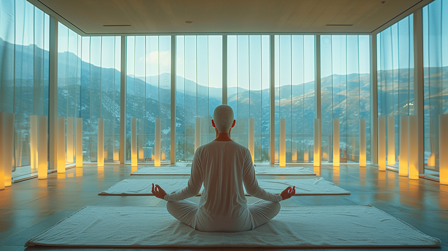 A man is peacefully sitting in a yoga position in front of a window, surrounded by a serene atmosphere. The room features a cozy carpet as he focuses on his meditation practice. The image captures a moment of tranquility as the man immerses himself in his yoga routine. The window offers a view of mountains in the distance, adding to the peaceful ambiance of the scene. The man is dressed in a white shirt, creating a stark contrast against the calming colors of the room. This image evokes a sense of mindfulness and relaxation.
