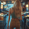 A woman with long brown hair is standing in front of a row of arcade pinball machines. She is wearing blue jeans and a green top. The arcade is dimly lit, and the colorful lights from the pinball machines create a vibrant and nostalgic atmosphere. The woman appears to be ready to play a game as she gazes at the array of machines in front of her. The scene captures the essence of retro arcade gaming, with the sound of pinballs clinking and the excitement of playing games in an arcade setting.