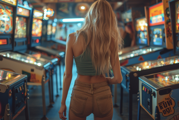 A woman with long brown hair is standing in front of a row of arcade pinball machines. She is wearing blue jeans and a green top. The arcade is dimly lit, and the colorful lights from the pinball machines create a vibrant and nostalgic atmosphere. The woman appears to be ready to play a game as she gazes at the array of machines in front of her. The scene captures the essence of retro arcade gaming, with the sound of pinballs clinking and the excitement of playing games in an arcade setting.