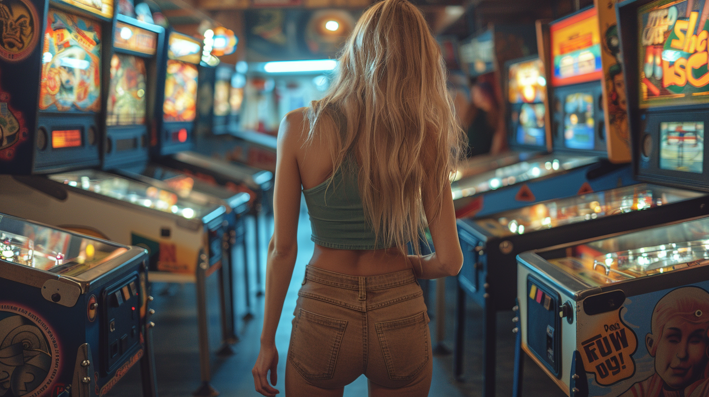 A woman with long brown hair is standing in front of a row of arcade pinball machines. She is wearing blue jeans and a green top. The arcade is dimly lit, and the colorful lights from the pinball machines create a vibrant and nostalgic atmosphere. The woman appears to be ready to play a game as she gazes at the array of machines in front of her. The scene captures the essence of retro arcade gaming, with the sound of pinballs clinking and the excitement of playing games in an arcade setting.