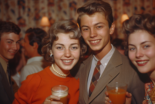 In a black and white photo, a man and two women are captured smiling and holding drinks in a crowded room. The man is wearing a suit and tie, exuding a sense of elegance. The women are stylishly dressed, one wearing a necklace and the other with a tie, adding a touch of sophistication to the scene. The group appears to be at a party, enjoying each other''s company. The image showcases a moment of joy and camaraderie, with everyone looking cheerful and relaxed. The room is filled with energy and excitement, making it a vibrant and lively atmosphere.
