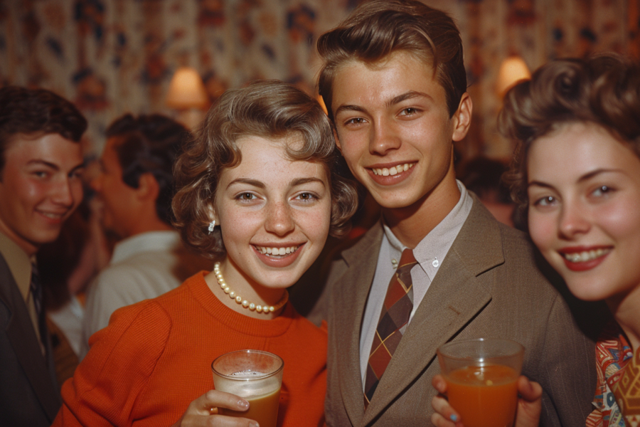 In a black and white photo, a man and two women are captured smiling and holding drinks in a crowded room. The man is wearing a suit and tie, exuding a sense of elegance. The women are stylishly dressed, one wearing a necklace and the other with a tie, adding a touch of sophistication to the scene. The group appears to be at a party, enjoying each other''s company. The image showcases a moment of joy and camaraderie, with everyone looking cheerful and relaxed. The room is filled with energy and excitement, making it a vibrant and lively atmosphere.