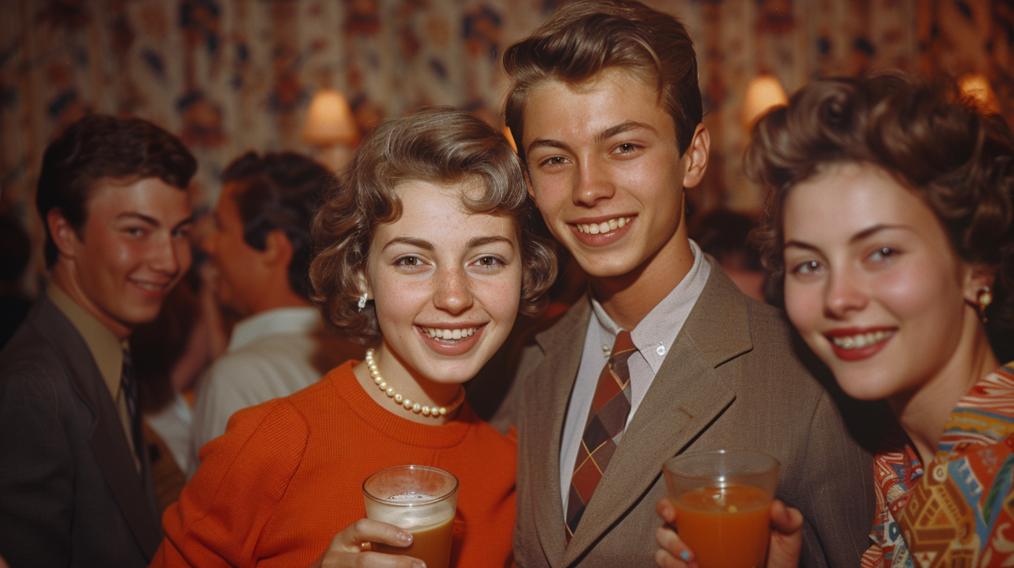 In a black and white photo, a man and two women are captured smiling and holding drinks in a crowded room. The man is wearing a suit and tie, exuding a sense of elegance. The women are stylishly dressed, one wearing a necklace and the other with a tie, adding a touch of sophistication to the scene. The group appears to be at a party, enjoying each other''s company. The image showcases a moment of joy and camaraderie, with everyone looking cheerful and relaxed. The room is filled with energy and excitement, making it a vibrant and lively atmosphere.