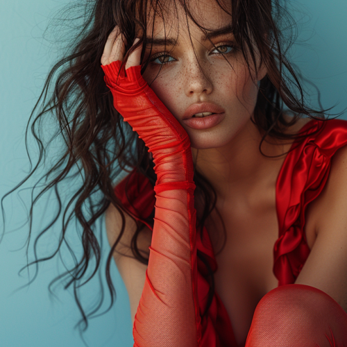 In the image, a woman is elegantly posing for a picture. She is wearing a stunning red dress that complements her long flowing hair. Her hands are adorned with red gloves, one of which is delicately placed on her face. The woman''s facial expression exudes confidence and poise. The background is a soft blue blanket, adding a subtle contrast to the vibrant red of the woman''s attire. The woman''s posture and attire suggest she is ready for a special event or occasion. Overall, the image captures a moment of grace and beauty.