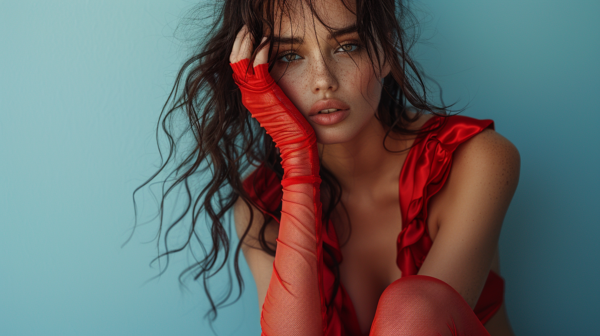In the image, a woman is elegantly posing for a picture. She is wearing a stunning red dress that complements her long flowing hair. Her hands are adorned with red gloves, one of which is delicately placed on her face. The woman''s facial expression exudes confidence and poise. The background is a soft blue blanket, adding a subtle contrast to the vibrant red of the woman''s attire. The woman''s posture and attire suggest she is ready for a special event or occasion. Overall, the image captures a moment of grace and beauty.