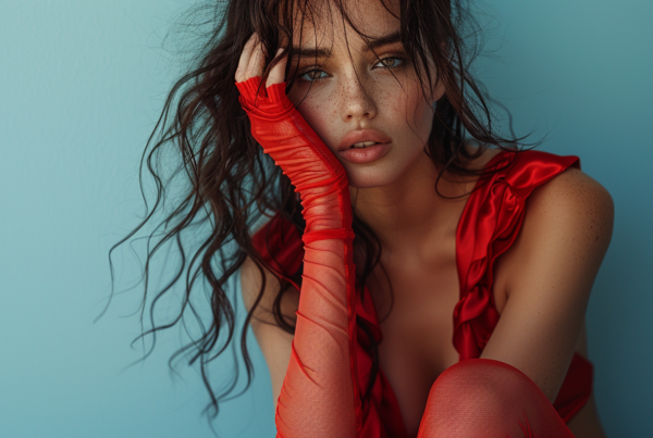 In the image, a woman is elegantly posing for a picture. She is wearing a stunning red dress that complements her long flowing hair. Her hands are adorned with red gloves, one of which is delicately placed on her face. The woman''s facial expression exudes confidence and poise. The background is a soft blue blanket, adding a subtle contrast to the vibrant red of the woman''s attire. The woman''s posture and attire suggest she is ready for a special event or occasion. Overall, the image captures a moment of grace and beauty.