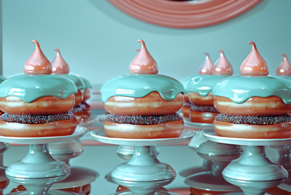 A table is filled with an assortment of delicious donuts, each one covered in a variety of colorful frostings and sprinkles. Two plates are visible in the image, one displaying rows of donuts with vibrant frosting and sprinkles, and the other showcasing a single donut with chocolate frosting and sprinkles. The donuts range in colors from blue to pink, with white frosting adding a sweet contrast. The image captures a tempting display of treats, perfect for a festive celebration or a sweet indulgence. The presentation is visually appealing, with the donuts looking irresistible and ready to be enjoyed.