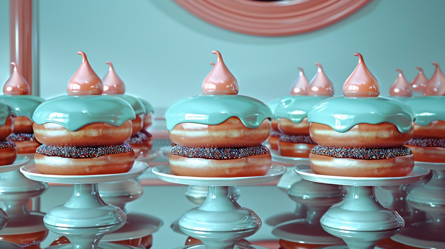 A table is filled with an assortment of delicious donuts, each one covered in a variety of colorful frostings and sprinkles. Two plates are visible in the image, one displaying rows of donuts with vibrant frosting and sprinkles, and the other showcasing a single donut with chocolate frosting and sprinkles. The donuts range in colors from blue to pink, with white frosting adding a sweet contrast. The image captures a tempting display of treats, perfect for a festive celebration or a sweet indulgence. The presentation is visually appealing, with the donuts looking irresistible and ready to be enjoyed.
