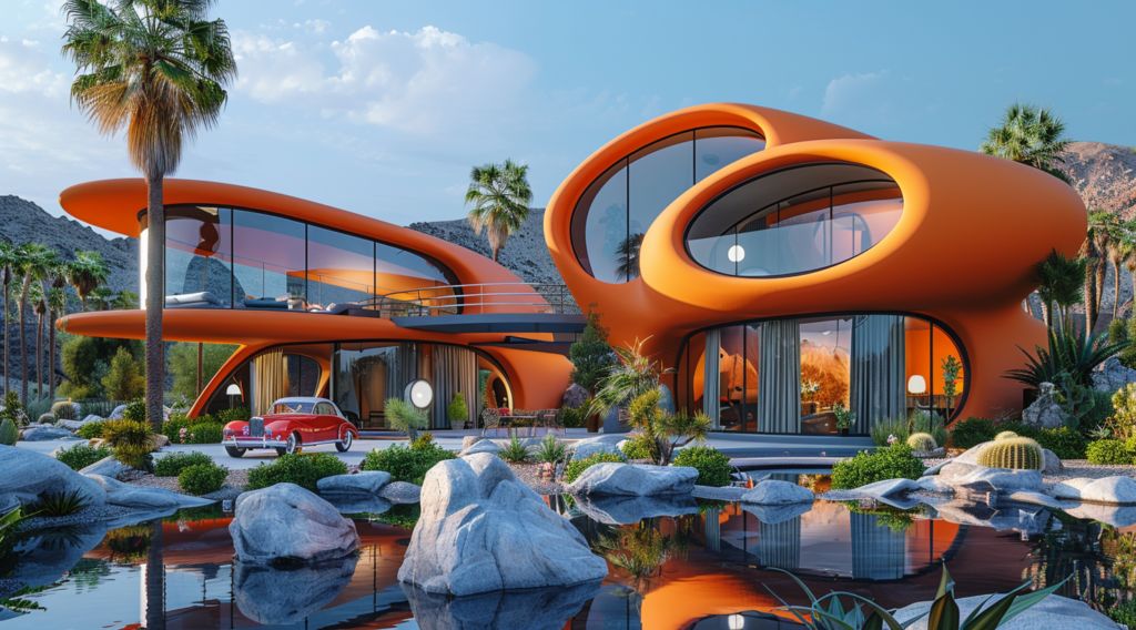 A stunning modern house with a sleek design is showcased in this image. The house features a unique orange exterior with curved walls, large windows, and a palm tree-lined driveway. In the foreground, there is a red car parked, adding a pop of color to the scene. The backyard of the house includes a luxurious pool with a cascading waterfall, creating a tranquil and picturesque setting. Additionally, there are potted plants and a stylish lamp decorating the exterior of the house. Overall, this image captures the essence of contemporary architecture and outdoor living.