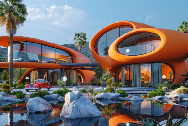 A stunning modern house with a sleek design is showcased in this image. The house features a unique orange exterior with curved walls, large windows, and a palm tree-lined driveway. In the foreground, there is a red car parked, adding a pop of color to the scene. The backyard of the house includes a luxurious pool with a cascading waterfall, creating a tranquil and picturesque setting. Additionally, there are potted plants and a stylish lamp decorating the exterior of the house. Overall, this image captures the essence of contemporary architecture and outdoor living.