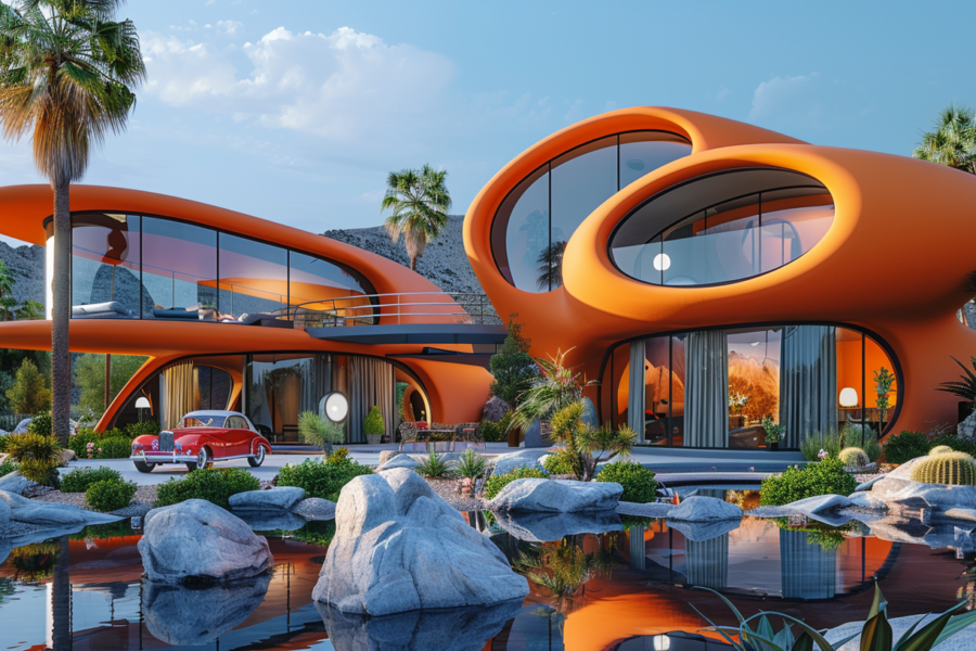 A stunning modern house with a sleek design is showcased in this image. The house features a unique orange exterior with curved walls, large windows, and a palm tree-lined driveway. In the foreground, there is a red car parked, adding a pop of color to the scene. The backyard of the house includes a luxurious pool with a cascading waterfall, creating a tranquil and picturesque setting. Additionally, there are potted plants and a stylish lamp decorating the exterior of the house. Overall, this image captures the essence of contemporary architecture and outdoor living.