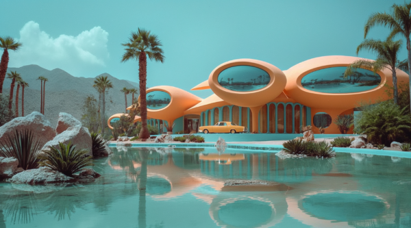 A scenic view of a modern building with a pool in the foreground and palm trees lining the property. The building is futuristic in design, featuring sleek lines and large windows. In the image, there is a yellow car parked in front of the building on a blue platform. The setting suggests a luxurious lifestyle, with the desert landscape in the background contrasting with the refreshing pool and lush palm trees. The colors in the image include shades of blue, green, and brown, creating a harmonious and calming atmosphere.