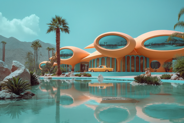 A scenic view of a modern building with a pool in the foreground and palm trees lining the property. The building is futuristic in design, featuring sleek lines and large windows. In the image, there is a yellow car parked in front of the building on a blue platform. The setting suggests a luxurious lifestyle, with the desert landscape in the background contrasting with the refreshing pool and lush palm trees. The colors in the image include shades of blue, green, and brown, creating a harmonious and calming atmosphere.
