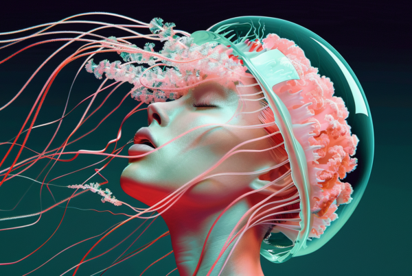 In this image, we see a woman with a striking pink headpiece adorning her head. Her hair is also styled in a vibrant pink hue, adding to the overall colorful and eye-catching look. Interestingly, she is also accompanied by a jellyfish, creating a whimsical and surreal atmosphere. The woman''s expression is not visible, but her presence exudes a sense of confidence and uniqueness. The contrast between the pink elements and the dark background further enhances the visual impact of the scene, making it a captivating and intriguing sight to behold.