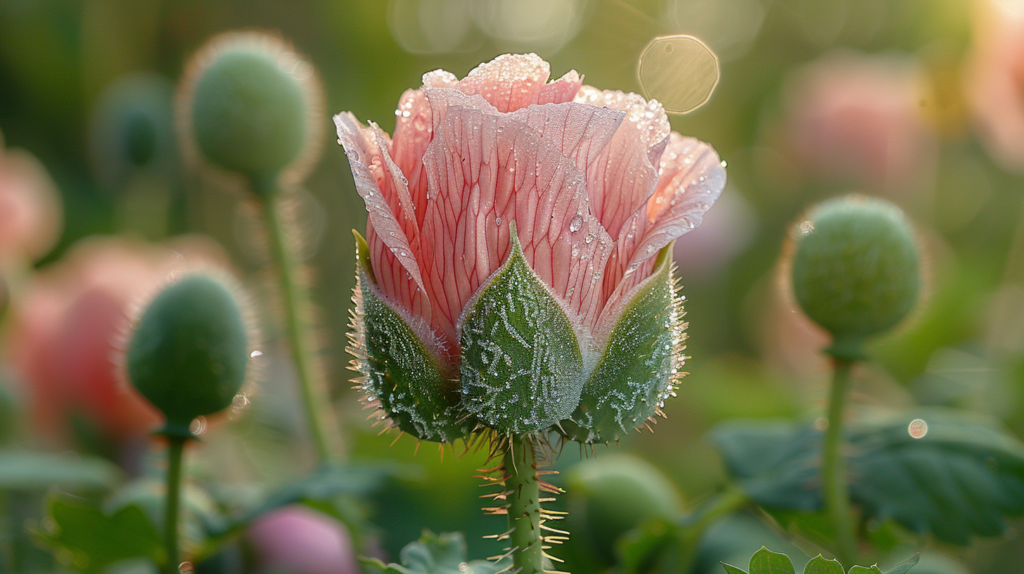 A beautiful pink flower is pictured in a field, covered in a delicate layer of frost, creating a stunning and serene scene. The flower appears to be a rose, with vibrant pink petals and a hint of purple undertones. The frost adds a magical touch, enhancing the bloom''s natural beauty. The green leaves surrounding the flower provide a contrasting backdrop, making the pink flower stand out even more. The dew drops on the petals sparkle in the sunlight, adding a touch of sparkle to the image. This close-up shot captures the intricate details of the flower in its natural habitat, creating a peaceful and ethereal atmosphere.