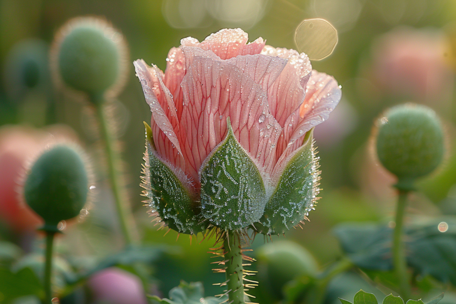 A beautiful pink flower is pictured in a field, covered in a delicate layer of frost, creating a stunning and serene scene. The flower appears to be a rose, with vibrant pink petals and a hint of purple undertones. The frost adds a magical touch, enhancing the bloom''s natural beauty. The green leaves surrounding the flower provide a contrasting backdrop, making the pink flower stand out even more. The dew drops on the petals sparkle in the sunlight, adding a touch of sparkle to the image. This close-up shot captures the intricate details of the flower in its natural habitat, creating a peaceful and ethereal atmosphere.