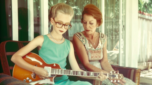 In this image, we see a woman and a young girl sitting on a couch playing a guitar together. The woman is wearing glasses and a necklace, while the girl is also wearing a necklace. Both individuals are focused on playing the guitar, with the woman''s guitar being predominantly red. The setting appears to be a cozy living room with a window in the background. The women are dressed casually, and there is a bracelet on the woman''s wrist. The scene exudes a sense of comfort and joy as they enjoy making music together.
