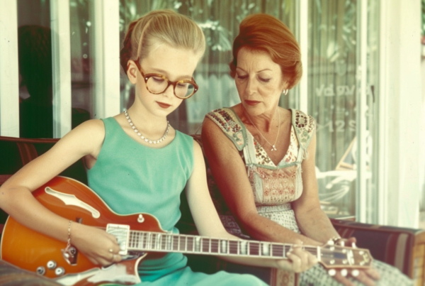 In this image, we see a woman and a young girl sitting on a couch playing a guitar together. The woman is wearing glasses and a necklace, while the girl is also wearing a necklace. Both individuals are focused on playing the guitar, with the woman''s guitar being predominantly red. The setting appears to be a cozy living room with a window in the background. The women are dressed casually, and there is a bracelet on the woman''s wrist. The scene exudes a sense of comfort and joy as they enjoy making music together.