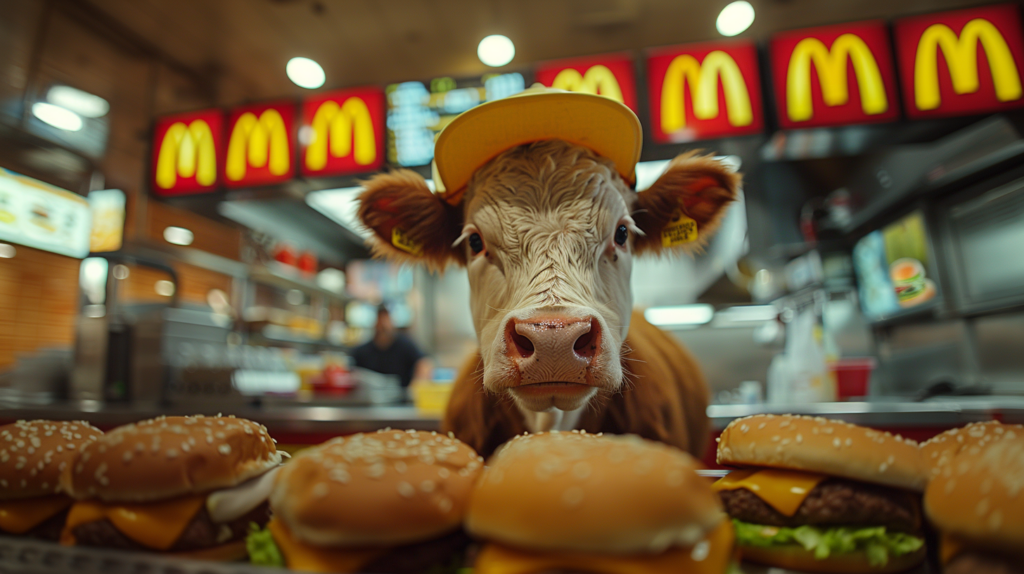 In this image, we see a cow wearing a hat standing in front of a bunch of hamburgers. The cow is facing the camera and appears to be looking directly at it. The hamburgers in the background are topped with cheese and lettuce. The cow is white and has a prominent nose. The hat the cow is wearing is brown and has a wide brim. The scene is warm and inviting, with a color palette of browns, greens, and yellows. Overall, it depicts a whimsical and humorous moment of a cow in a unique situation