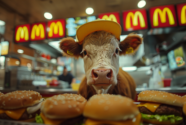 In this image, we see a cow wearing a hat standing in front of a bunch of hamburgers. The cow is facing the camera and appears to be looking directly at it. The hamburgers in the background are topped with cheese and lettuce. The cow is white and has a prominent nose. The hat the cow is wearing is brown and has a wide brim. The scene is warm and inviting, with a color palette of browns, greens, and yellows. Overall, it depicts a whimsical and humorous moment of a cow in a unique situation