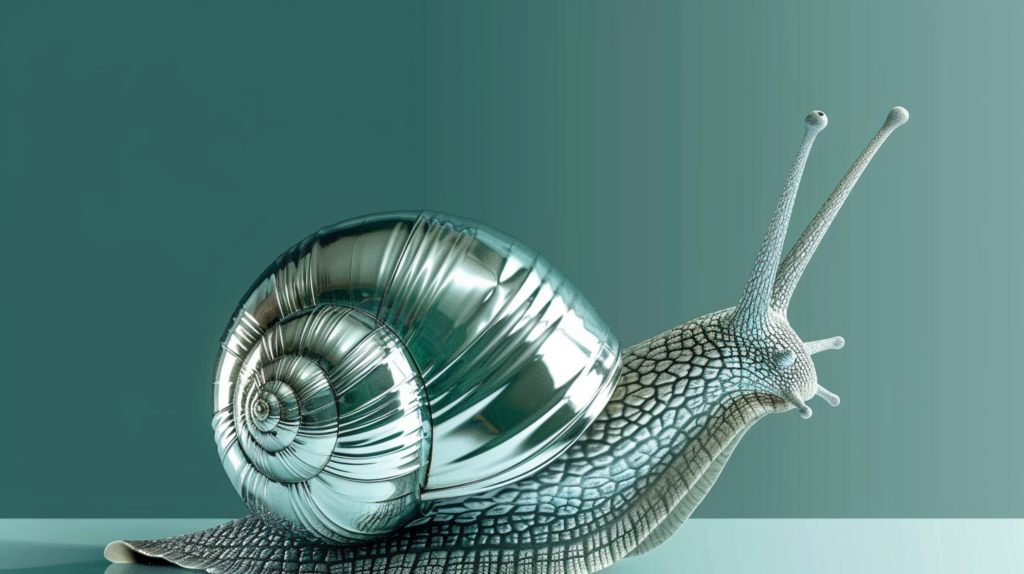 In the image, there is a close-up of a snail with a shiny shell on its back. The shell is reflective and appears to have a metallic color, possibly with shades of blue and green. The snail is positioned on a surface that seems to be a clock, based on the presence of clock hands and numbers. The background of the image is a combination of different shades of blue, green, and white. The snail''s shell is the focal point of the image, showcasing its intricate spiral design. The overall composition creates a serene and peaceful atmosphere.