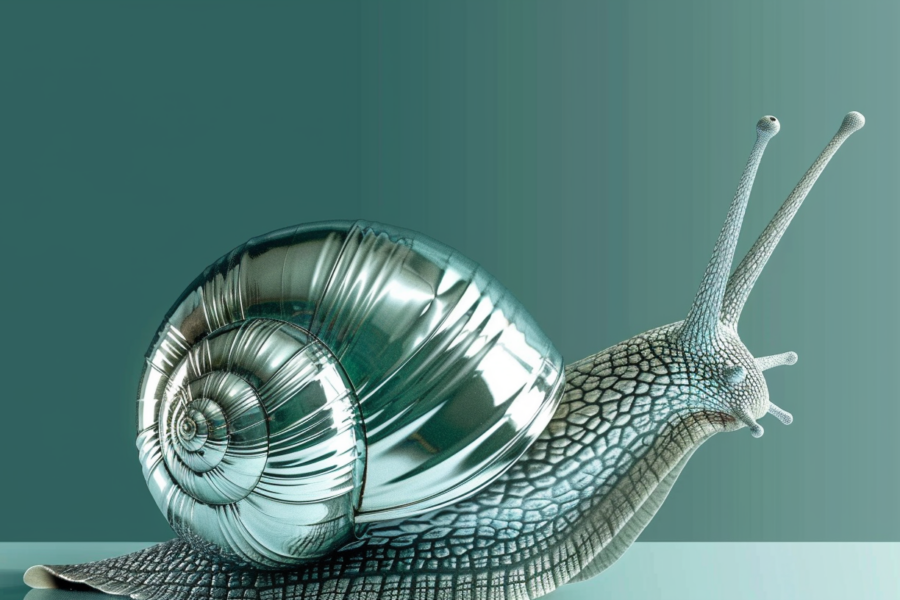 In the image, there is a close-up of a snail with a shiny shell on its back. The shell is reflective and appears to have a metallic color, possibly with shades of blue and green. The snail is positioned on a surface that seems to be a clock, based on the presence of clock hands and numbers. The background of the image is a combination of different shades of blue, green, and white. The snail''s shell is the focal point of the image, showcasing its intricate spiral design. The overall composition creates a serene and peaceful atmosphere.