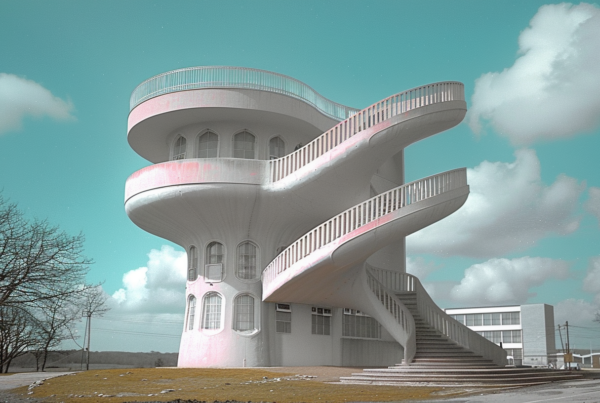 A white building with a spiral staircase leading up to it is depicted in the image. The building features a balcony with a clock, adding a touch of elegance to the architecture. The design is modern and sleek, with a tower-like appearance reminiscent of a lighthouse. The color scheme includes shades of blue, grey, and white, creating a harmonious and contemporary look. In the foreground, there is a car parked near the building, adding a sense of scale to the scene. The overall composition is striking, with the staircase drawing the viewer''s eye up towards the building against a clear blue sky.