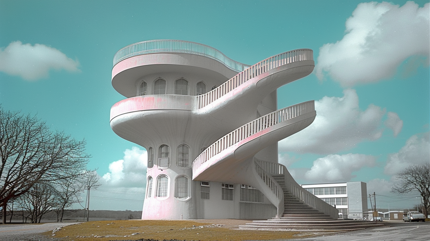 A white building with a spiral staircase leading up to it is depicted in the image. The building features a balcony with a clock, adding a touch of elegance to the architecture. The design is modern and sleek, with a tower-like appearance reminiscent of a lighthouse. The color scheme includes shades of blue, grey, and white, creating a harmonious and contemporary look. In the foreground, there is a car parked near the building, adding a sense of scale to the scene. The overall composition is striking, with the staircase drawing the viewer''s eye up towards the building against a clear blue sky.