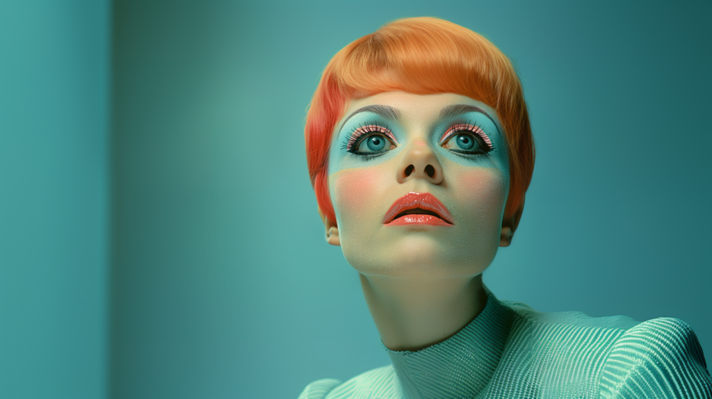 A young woman with striking features is depicted in the image. She has vibrant red hair that stands out against her fair skin. Her piercing blue eyes captivate the viewer, adding a pop of color to her overall appearance. The woman''s face is framed by her hair, drawing attention to her delicate features. She exudes confidence and beauty, with a subtle smile playing on her lips.