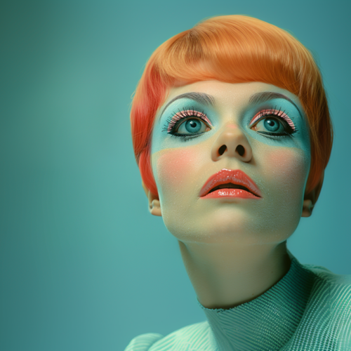 A young woman with striking features is depicted in the image. She has vibrant red hair that stands out against her fair skin. Her piercing blue eyes captivate the viewer, adding a pop of color to her overall appearance. The woman''s face is framed by her hair, drawing attention to her delicate features. She exudes confidence and beauty, with a subtle smile playing on her lips.