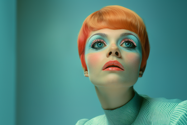 A young woman with striking features is depicted in the image. She has vibrant red hair that stands out against her fair skin. Her piercing blue eyes captivate the viewer, adding a pop of color to her overall appearance. The woman''s face is framed by her hair, drawing attention to her delicate features. She exudes confidence and beauty, with a subtle smile playing on her lips.