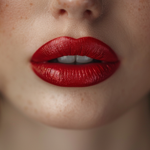 A close-up image of a woman''s lips adorned with vibrant red lipstick is depicted in this photo. The lips appear full and well-defined, showcasing a glossy finish that enhances their natural shape. The lipstick color stands out against the woman''s skin, adding a bold and striking contrast. The overall composition of the image focuses solely on the lips, drawing attention to the intricate details and texture of the lipstick. This image exudes a sense of glamour and sophistication, emphasizing the beauty and allure of the woman''s lips.