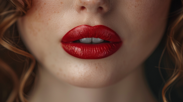 A close-up image of a woman''s lips adorned with vibrant red lipstick is depicted in this photo. The lips appear full and well-defined, showcasing a glossy finish that enhances their natural shape. The lipstick color stands out against the woman''s skin, adding a bold and striking contrast. The overall composition of the image focuses solely on the lips, drawing attention to the intricate details and texture of the lipstick. This image exudes a sense of glamour and sophistication, emphasizing the beauty and allure of the woman''s lips.