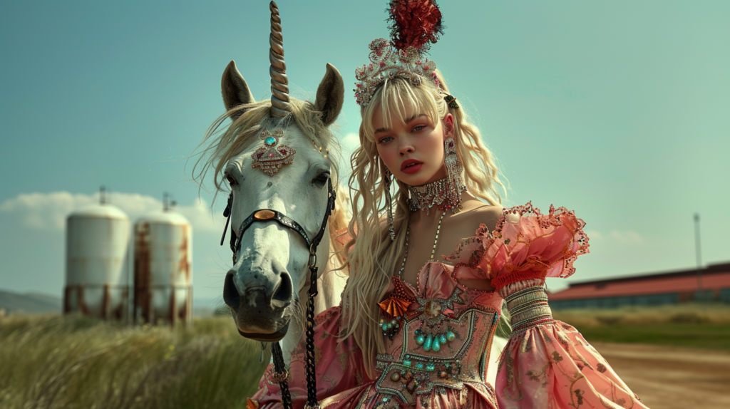 In the image, a young woman in a flowing pink dress stands gracefully next to a majestic white horse. The woman has long hair and wears a necklace that sparkles in the sunlight. The horse is tall and elegant, with a beautiful mane and a gentle expression. The woman and the horse are in a serene outdoor setting, surrounded by greenery. The woman appears calm and confident, exuding a sense of harmony with the nature around her. The scene evokes a sense of beauty, grace, and tranquility.