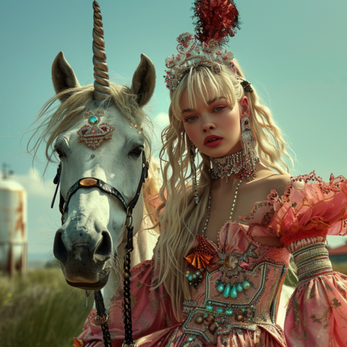 In the image, a young woman in a flowing pink dress stands gracefully next to a majestic white horse. The woman has long hair and wears a necklace that sparkles in the sunlight. The horse is tall and elegant, with a beautiful mane and a gentle expression. The woman and the horse are in a serene outdoor setting, surrounded by greenery. The woman appears calm and confident, exuding a sense of harmony with the nature around her. The scene evokes a sense of beauty, grace, and tranquility.