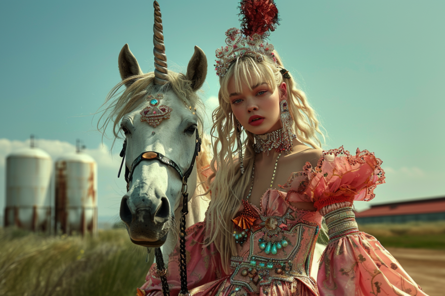 In the image, a young woman in a flowing pink dress stands gracefully next to a majestic white horse. The woman has long hair and wears a necklace that sparkles in the sunlight. The horse is tall and elegant, with a beautiful mane and a gentle expression. The woman and the horse are in a serene outdoor setting, surrounded by greenery. The woman appears calm and confident, exuding a sense of harmony with the nature around her. The scene evokes a sense of beauty, grace, and tranquility.