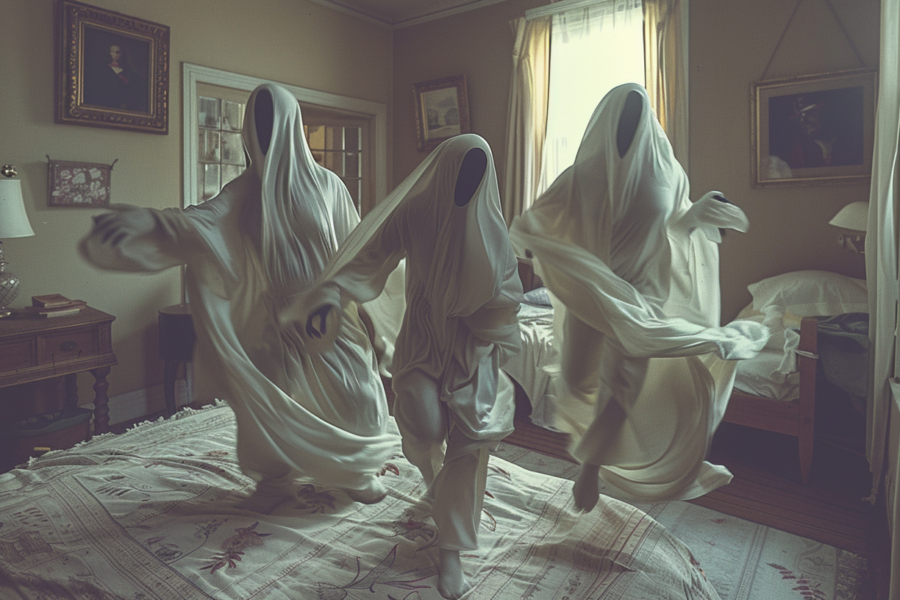 In a bedroom with a white-walled background, two women wearing flowing white robes are joyfully dancing on a large, neatly made bed. The room is tastefully decorated with a variety of objects, including a lamp, several picture frames, a book, and a nightstand. A sculpture of a person in a white robe stands in one corner of the room, adding an artistic touch. The overall color scheme of the room is calming and neutral, with shades of white, gray, and green. The scene exudes a sense of peace and serenity, with the women''s movements adding a touch of whimsy and joy to the space.