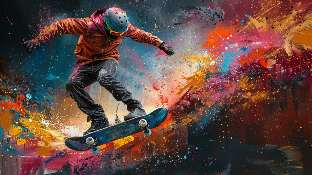 A man wearing a red jacket, gloves, sneakers, and a helmet is skillfully riding a skateboard on a vibrant and colorful surface. The skateboarder is performing a trick, captured in a dynamic and action-packed moment. The skateboard itself is prominently featured, along with the colorful paint splatters on the ground. The helmet has a space theme design, adding a unique touch to the scene. The overall composition exudes energy and excitement, making it a visually striking image of a skilled skateboarder in motion.