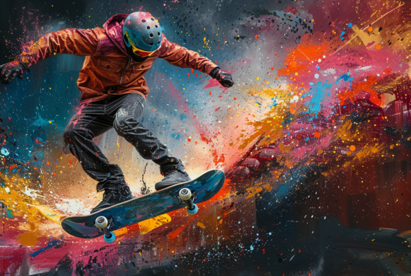 A man wearing a red jacket, gloves, sneakers, and a helmet is skillfully riding a skateboard on a vibrant and colorful surface. The skateboarder is performing a trick, captured in a dynamic and action-packed moment. The skateboard itself is prominently featured, along with the colorful paint splatters on the ground. The helmet has a space theme design, adding a unique touch to the scene. The overall composition exudes energy and excitement, making it a visually striking image of a skilled skateboarder in motion.