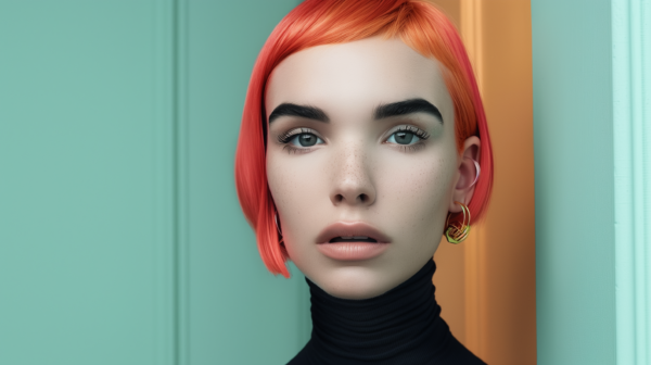 In this image, we see a young woman with striking bright red hair wearing a black turtle neck. She has a confident and stylish aura. The woman''s red hair is the focal point of the image, standing out against her dark clothing. Her face is visible, showcasing her features such as freckles and a subtle smile. The background is a soft blue color, providing a contrasting backdrop to her vibrant hair. The woman appears to be in her early twenties and exudes a sense of poise and individuality. The overall composition of the image is visually appealing and captures the viewer''s attention.