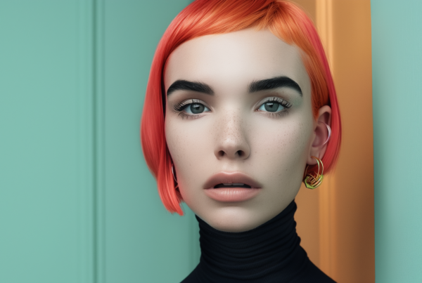 In this image, we see a young woman with striking bright red hair wearing a black turtle neck. She has a confident and stylish aura. The woman''s red hair is the focal point of the image, standing out against her dark clothing. Her face is visible, showcasing her features such as freckles and a subtle smile. The background is a soft blue color, providing a contrasting backdrop to her vibrant hair. The woman appears to be in her early twenties and exudes a sense of poise and individuality. The overall composition of the image is visually appealing and captures the viewer''s attention.