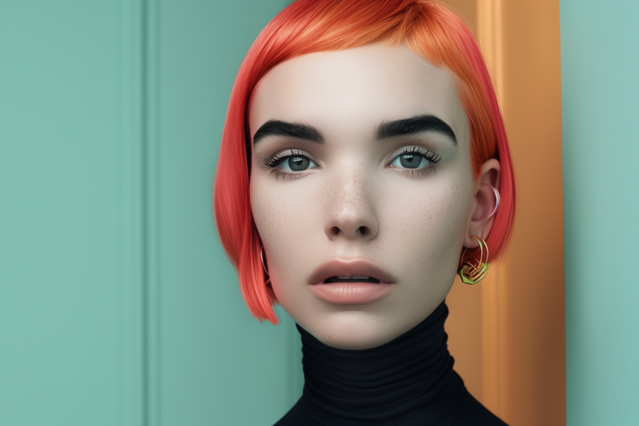 In this image, we see a young woman with striking bright red hair wearing a black turtle neck. She has a confident and stylish aura. The woman''s red hair is the focal point of the image, standing out against her dark clothing. Her face is visible, showcasing her features such as freckles and a subtle smile. The background is a soft blue color, providing a contrasting backdrop to her vibrant hair. The woman appears to be in her early twenties and exudes a sense of poise and individuality. The overall composition of the image is visually appealing and captures the viewer''s attention.