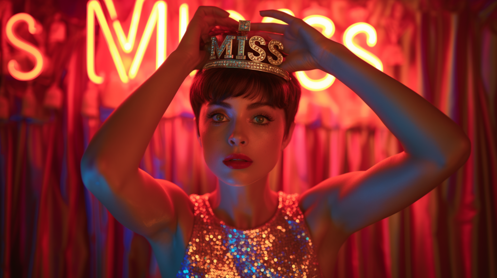 In the image, we see a young woman wearing a sparkling red dress. She is holding a crown on her head, exuding a regal and elegant presence. The woman has short hair and bright blue eyes, adding to her captivating look. The background features a red light, creating a dramatic and glamorous atmosphere. The woman''s face is highlighted with red lipstick, enhancing her features. Overall, the image portrays a confident and stylish woman embodying grace and sophistication, making her appear like royalty. The woman''s outfit, demeanor, and the crown she is holding all contribute to the luxurious and majestic feel of the scene.