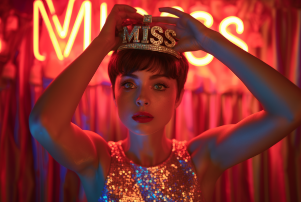 In the image, we see a young woman wearing a sparkling red dress. She is holding a crown on her head, exuding a regal and elegant presence. The woman has short hair and bright blue eyes, adding to her captivating look. The background features a red light, creating a dramatic and glamorous atmosphere. The woman''s face is highlighted with red lipstick, enhancing her features. Overall, the image portrays a confident and stylish woman embodying grace and sophistication, making her appear like royalty. The woman''s outfit, demeanor, and the crown she is holding all contribute to the luxurious and majestic feel of the scene.